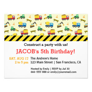 Construction Vehicles Pattern Birthday Party Custom Invites