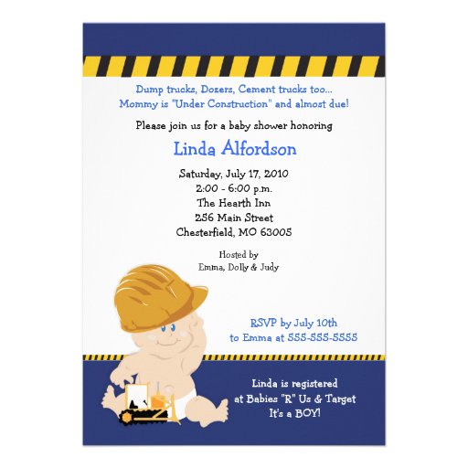 CONSTRUCTION WORKER Baby Shower Invitation 5x7