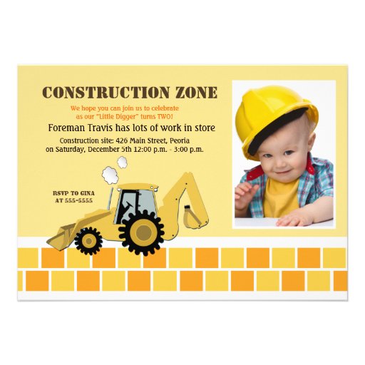 Construction Zone Backhoe Boys Birthday Invite