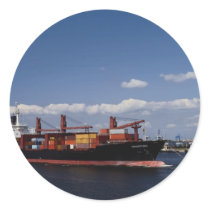 Container ship, Antwerp port, Belgium Round Sticker