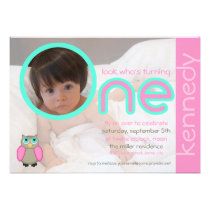 Contemporary First Birthday Photo Owl Invite4 invitations
