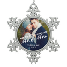 Contemporary First Christmas Mr. & Mrs. Photo Snowflake Pewter Christmas Ornament
