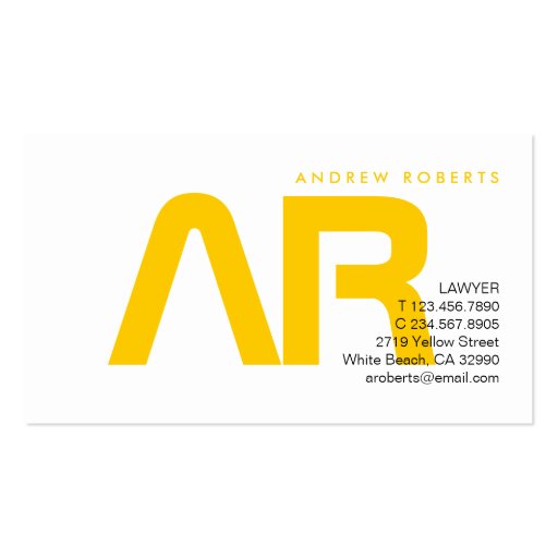 Contemporary Monogram Yellow White Business Card (front side)