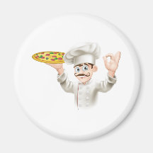 Cook holding a tasty pizza magnet