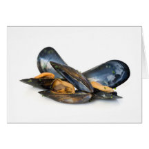 cooked mussels over white card