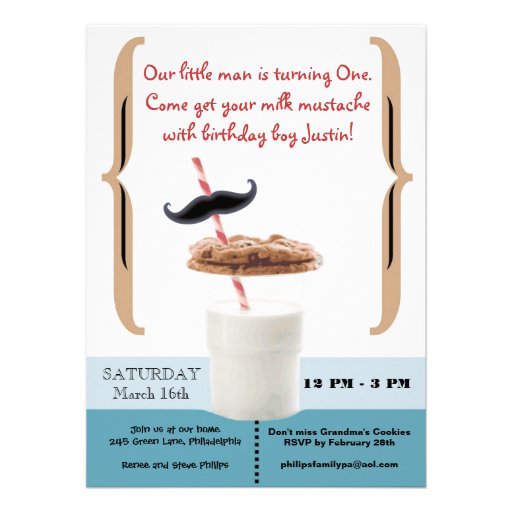 Cookies & Milk Mustache for First Birthday Boy Personalized Invite