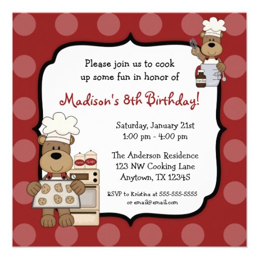 Cooking Bears Kids Birthday Party Custom Announcement
