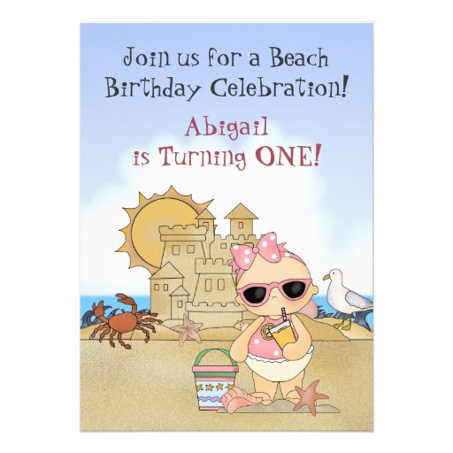 Cool Beach Baby 1st Birthday Invitation for Girls (front side)