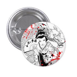 Cool blood splatter geisha with fan dragon tattoo pin