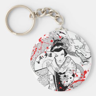 Cool blood splatter geisha with fan dragon tattoo key chains