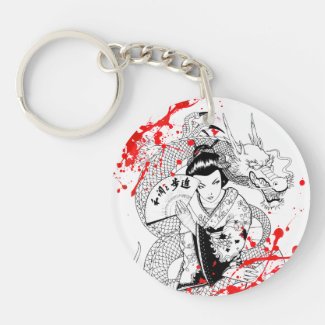 Cool blood splatter geisha with fan dragon tattoo key chain