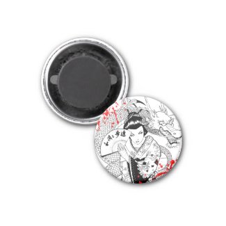 Cool blood splatter geisha with fan dragon tattoo fridge magnet