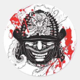 Cool blood splatter samurai demon mask helm tattoo round stickers