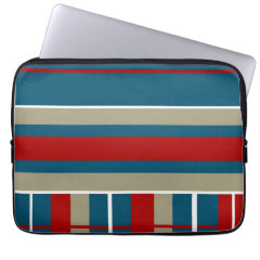 Cool Blue Red Tan White Striped Pattern Nautical Laptop Sleeve