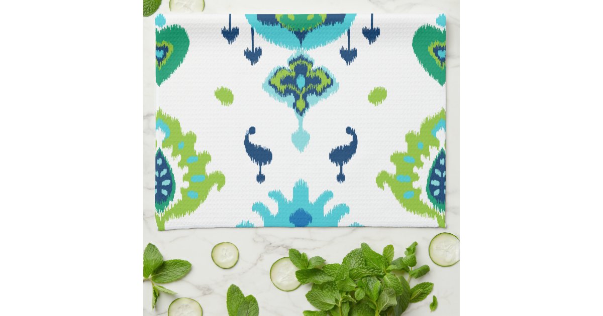 Cool bright blue and green tribal ikat print hand towels Zazzle