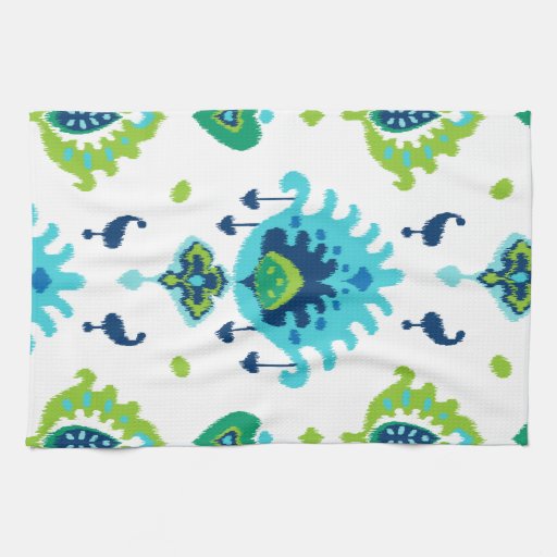 Cool bright blue and green tribal ikat print hand towels Zazzle