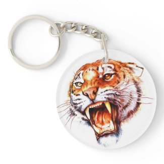 Cool cartoon tattoo symbol roaring tiger head round acrylic keychain