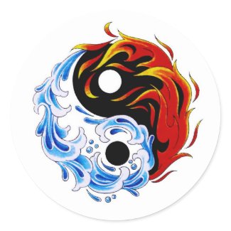 Cool cartoon tattoo symbol water fire Yin Yang Classic Round Sticker