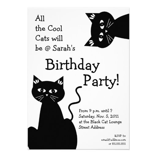Cool Cats Birthday Party - Black Cartoon Cat Custom Announcements