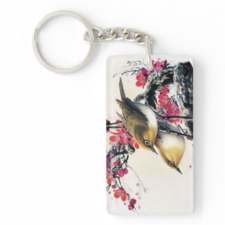 Cool chinese beautiful brown bird red cherry tree Double-Sided rectangular acrylic keychain