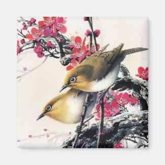 Cool chinese beautiful brown bird red cherry tree magnet