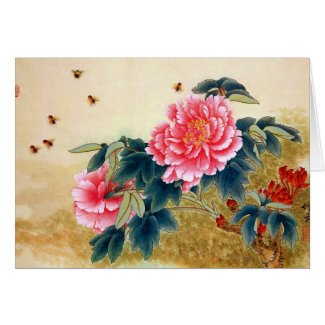 Cool chinese classic watercolor pink flower bee card