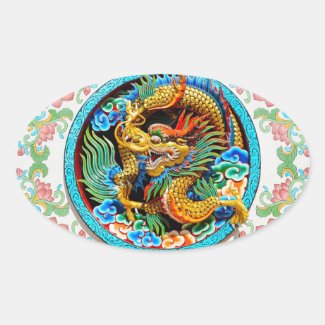 Cool chinese colourful dragon lotus flower art oval stickers