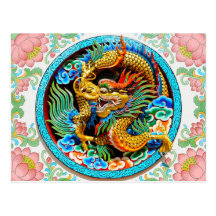 Cool chinese colourful dragon paint lotus flower postcards