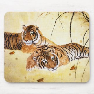 Cool chinese fluffy tiger rest sunset art mouse pad