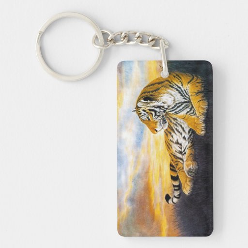 Cool chinese fluffy tiger rest sunset meadow art rectangle acrylic keychains