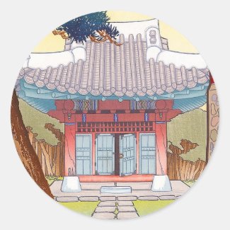 Cool classic japanese hanga shrine scenery art round sticker
