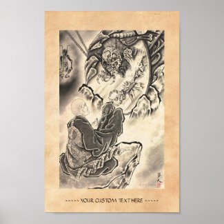 Cool classic vintage japanese demon monk tattoo poster