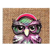 Cool  Colorful Tattoo Wise Owl With Funny Glasses Postcard