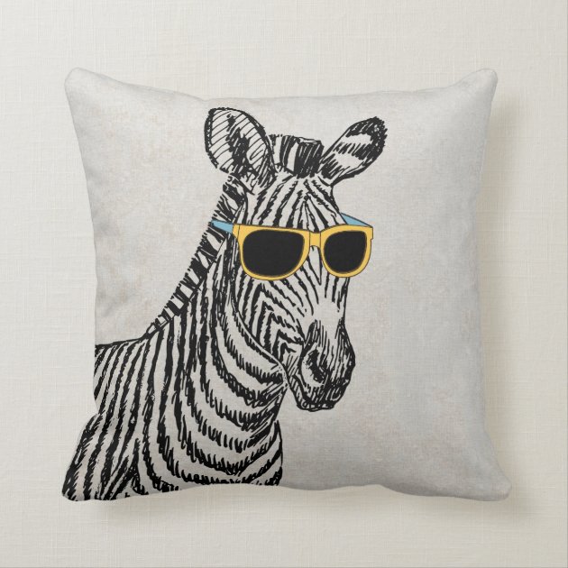 Cool cute funny zebra sketch with trendy glasses throw pillow-1