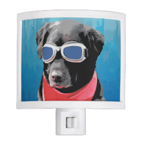 Cool Dog Black Lab Red Bandana Blue Goggles Nite Lights