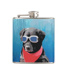 Cool Dog Black Lab Red Bandana Blue Goggles Hip Flasks