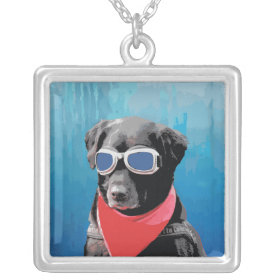 Cool Dog Black Lab Red Bandana Blue Goggles Necklace