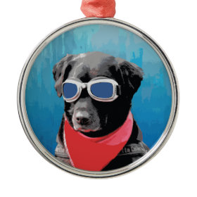 Cool Dog Black Lab Red Bandana Blue Goggles Christmas Tree Ornaments