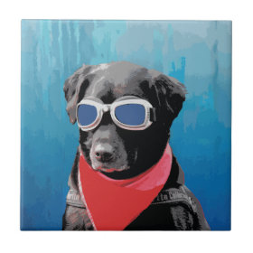 Cool Dog Black Lab Red Bandana Blue Goggles Ceramic Tile
