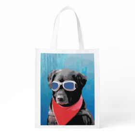 Cool Dog Black Lab Red Bandana Blue Goggles Grocery Bags
