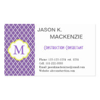 Cool, elegant purple quatrefoil  monogram business cards