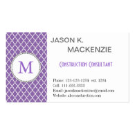 Cool, elegant purple quatrefoil monogram business card template
