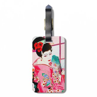 Cool japanese beauty Lady Geisha pink Fan art Tag For Bags