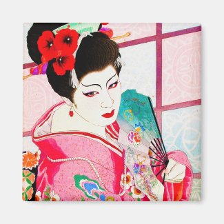 Cool japanese beauty Lady Geisha pink Fan art Fridge Magnets