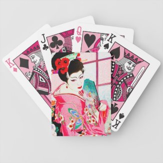 Cool japanese beauty Lady Geisha pink Fan art Bicycle Playing Cards