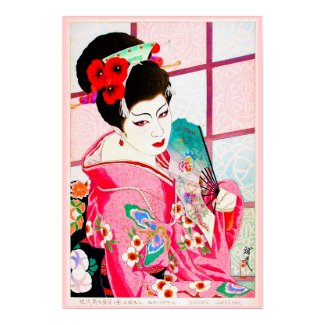 Cool japanese beauty Lady Geisha pink Fan art Posters