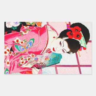 Cool japanese beauty Lady Geisha pink Fan art Rectangle Sticker