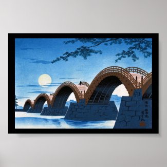 Cool japanese great bridge waterscape night moon posters
