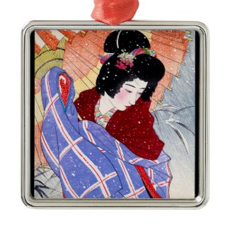 Cool japanese lady geisha umbrella snow winter christmas tree ornaments