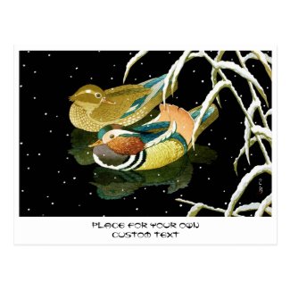 Cool japanese mandarina duck black pond snow postcards